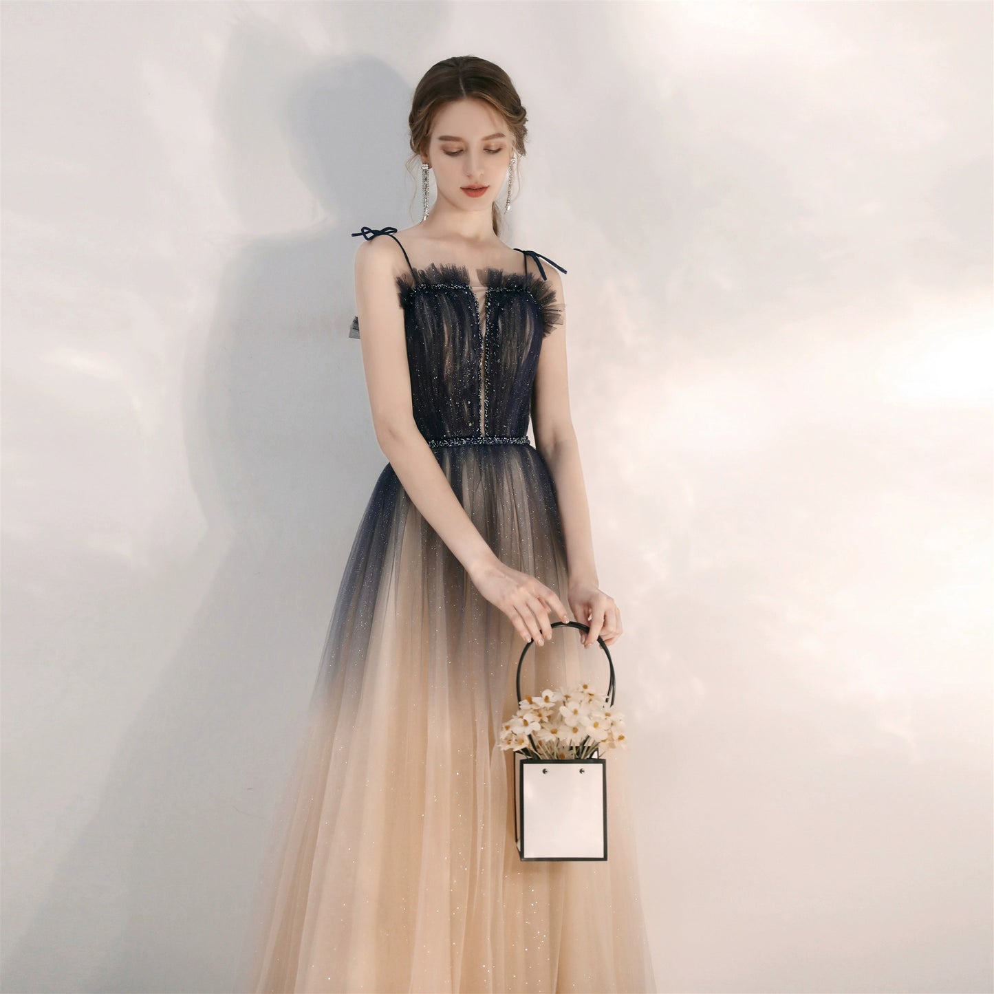 kara gradient blue sequin tulle maxi dress