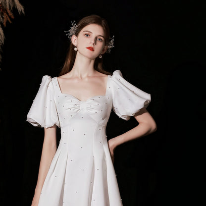 pearl embellished puff short sleeve maxi dress in white