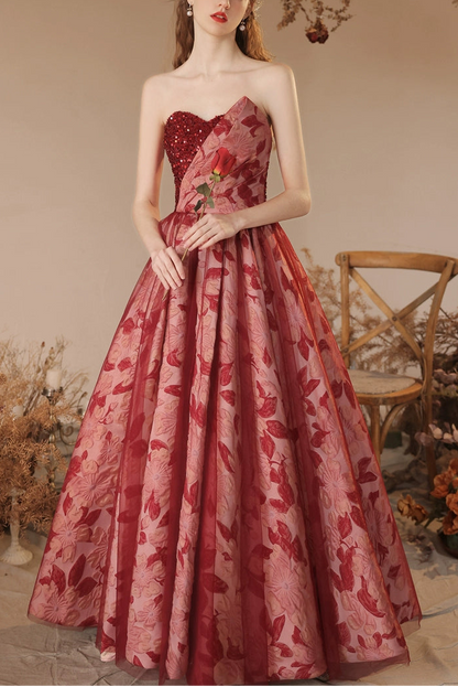 off-sholuder floral print maxi dress in wine-red