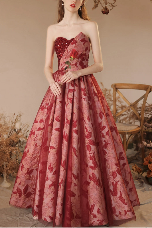 off-sholuder floral print maxi dress in wine-red