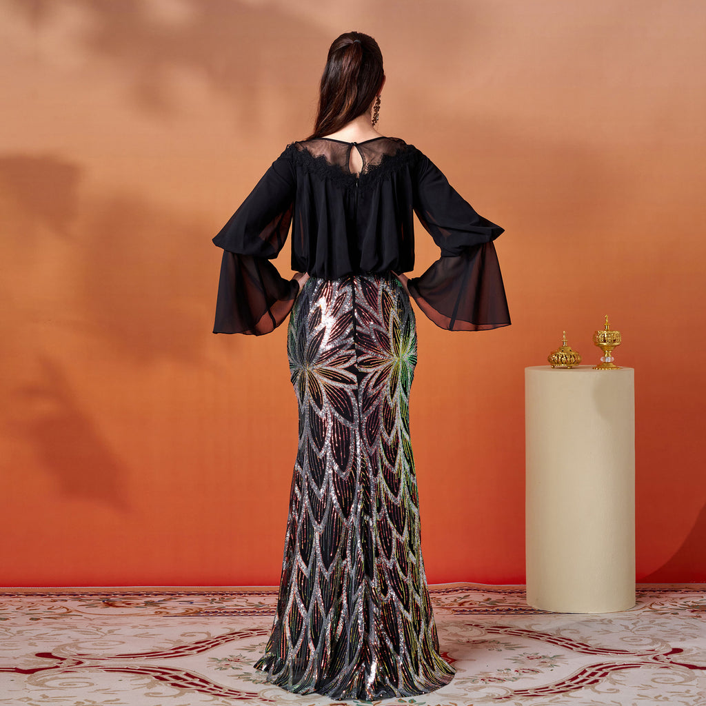 black Round neck hip-hugging sequined fishtail maxi dress