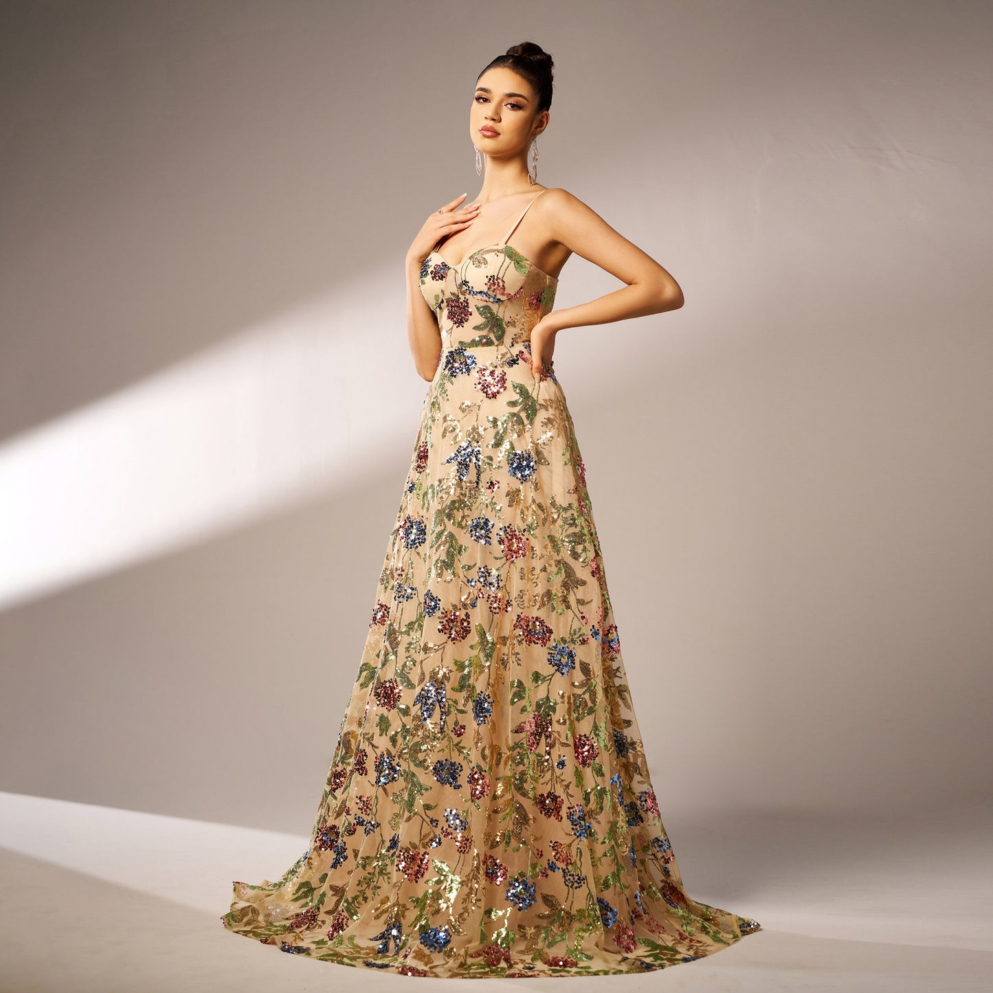 off-shoulder sequin print maxi dress in apricot