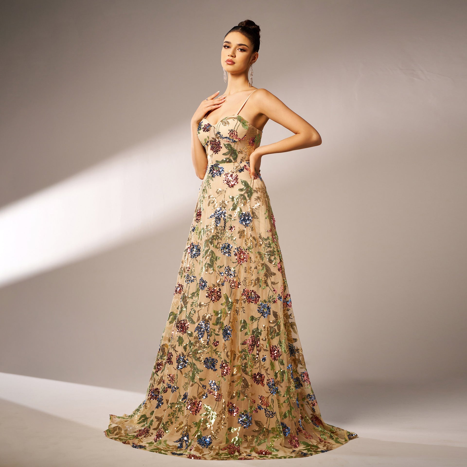 off-shoulder sequin print maxi dress in apricot