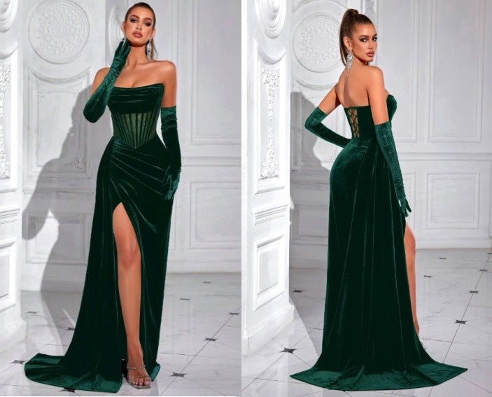 Velvet herringbone strapless evening maxi dress