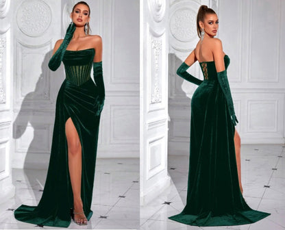 Velvet herringbone strapless evening maxi dress