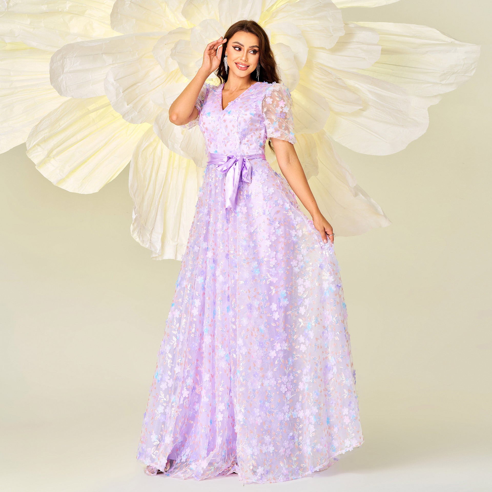 floral sequin v-neck maxi dress in purple