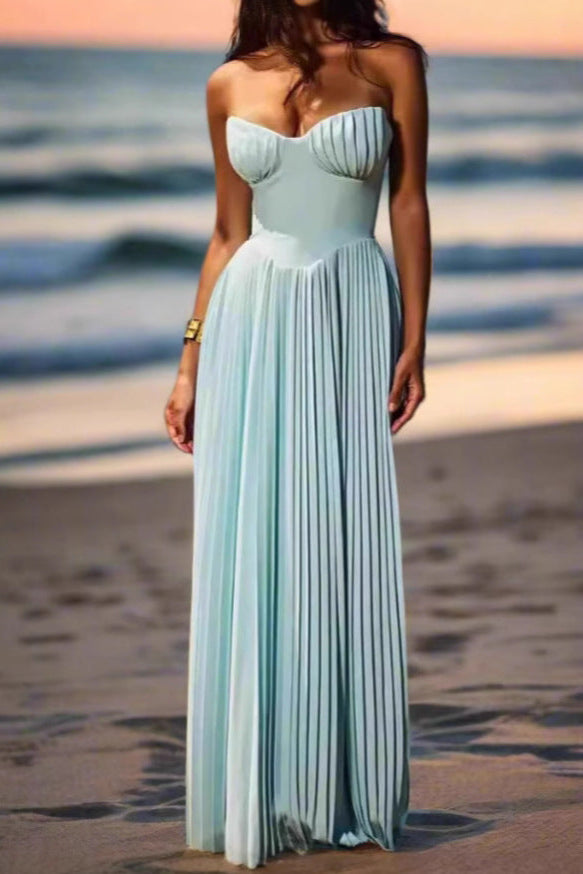 V-neck pleated bandeau long skirt slim back open dress
