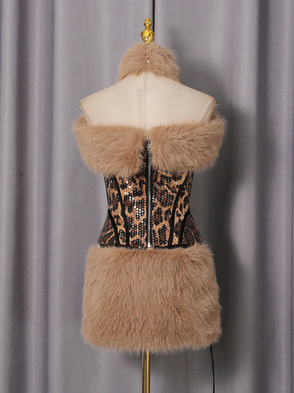 suzanne Leopard Fur Sequin Skirt Set