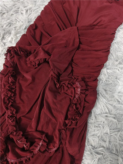 Burgundy mesh ruffle waist maxi dress