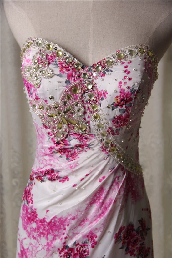 Cherry Blossom Printed Fishtail Strapless Evening Dress with Beading