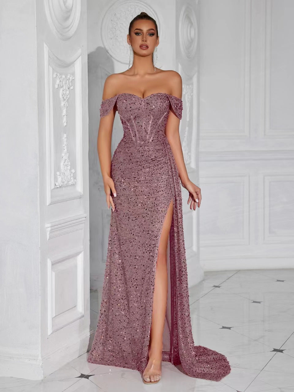 gabrielle Sequined strapless slit evening maxi dress