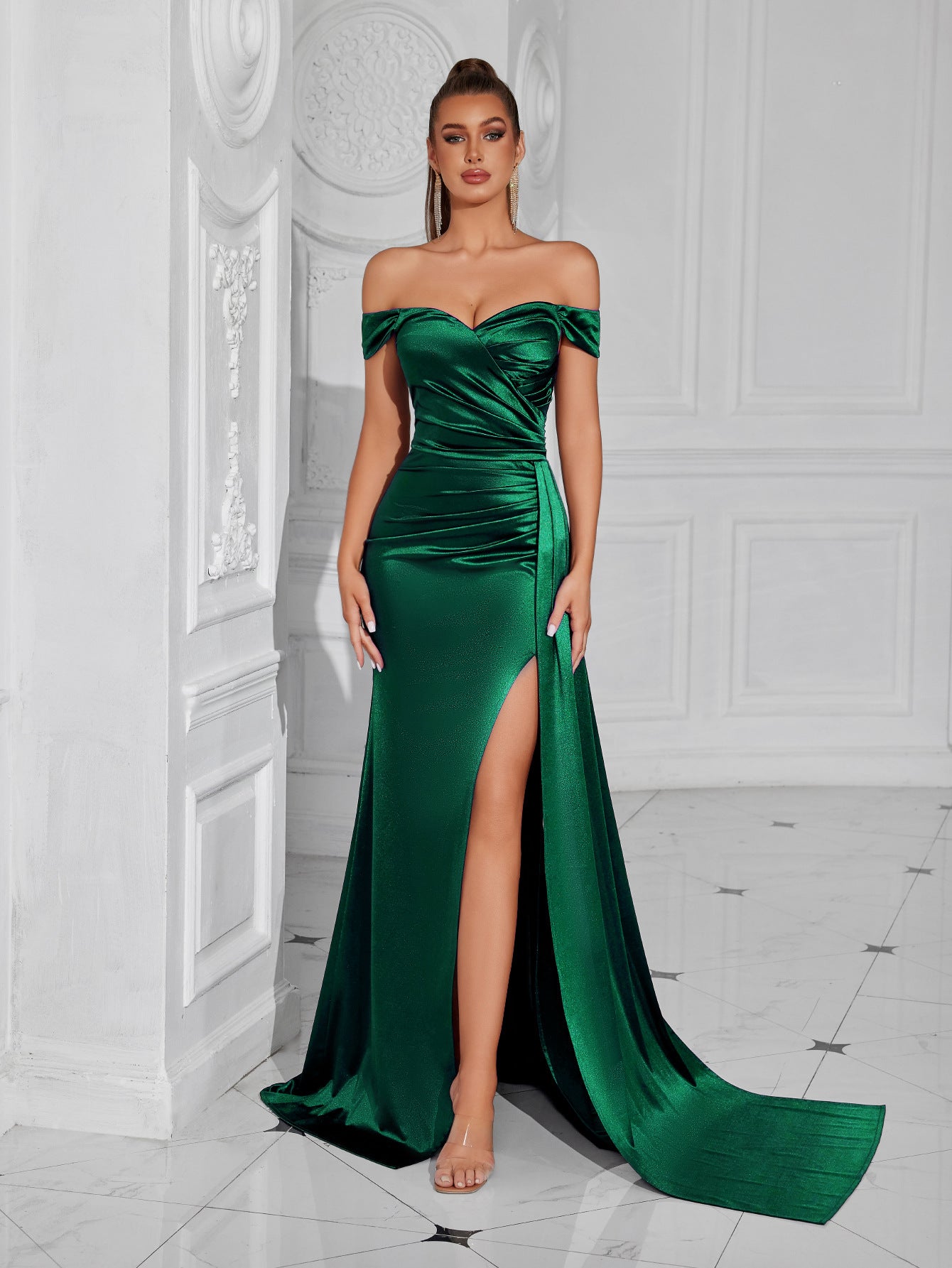 edith off shoulder satin pleated backless maxi dress