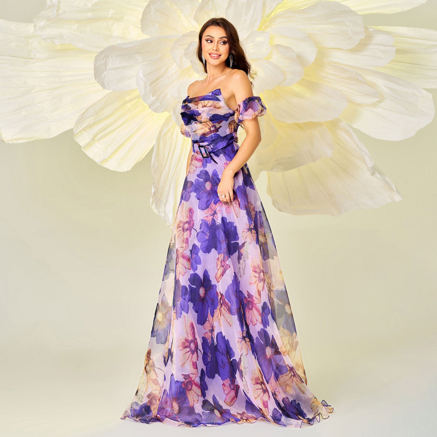 Strappy one-shoulder neckline waist-cinching printed swing evening dress