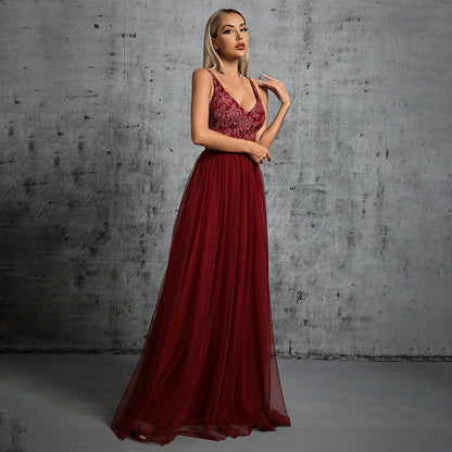 v-neck floral emdroidery patchwork tulle maxi dress in burgundy