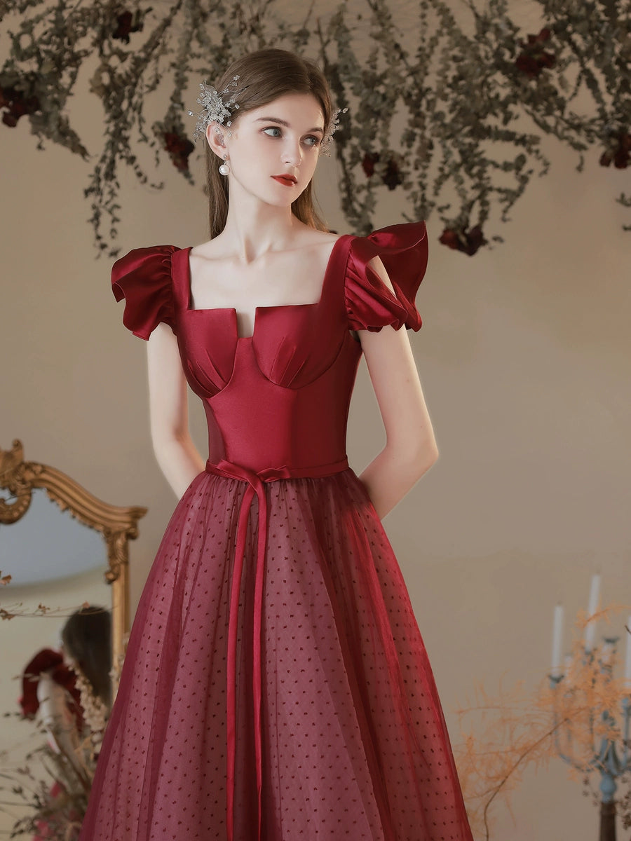 polka dots tulle patchwork satin maxi dress in Claret