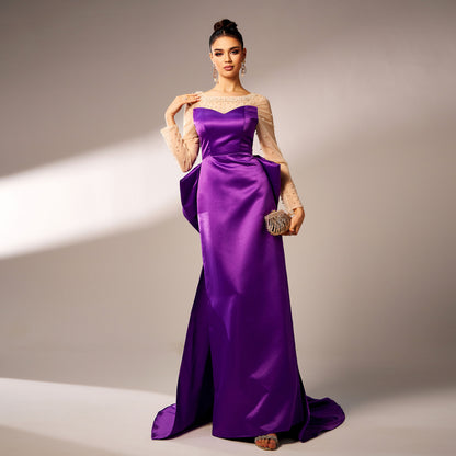 pearl embellished satin back bow detail maxi dress in purple