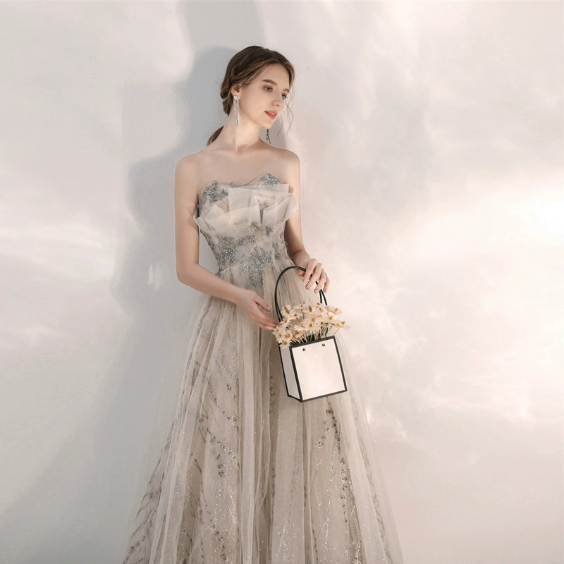 sequin tulle strapless maxi dress in champagne