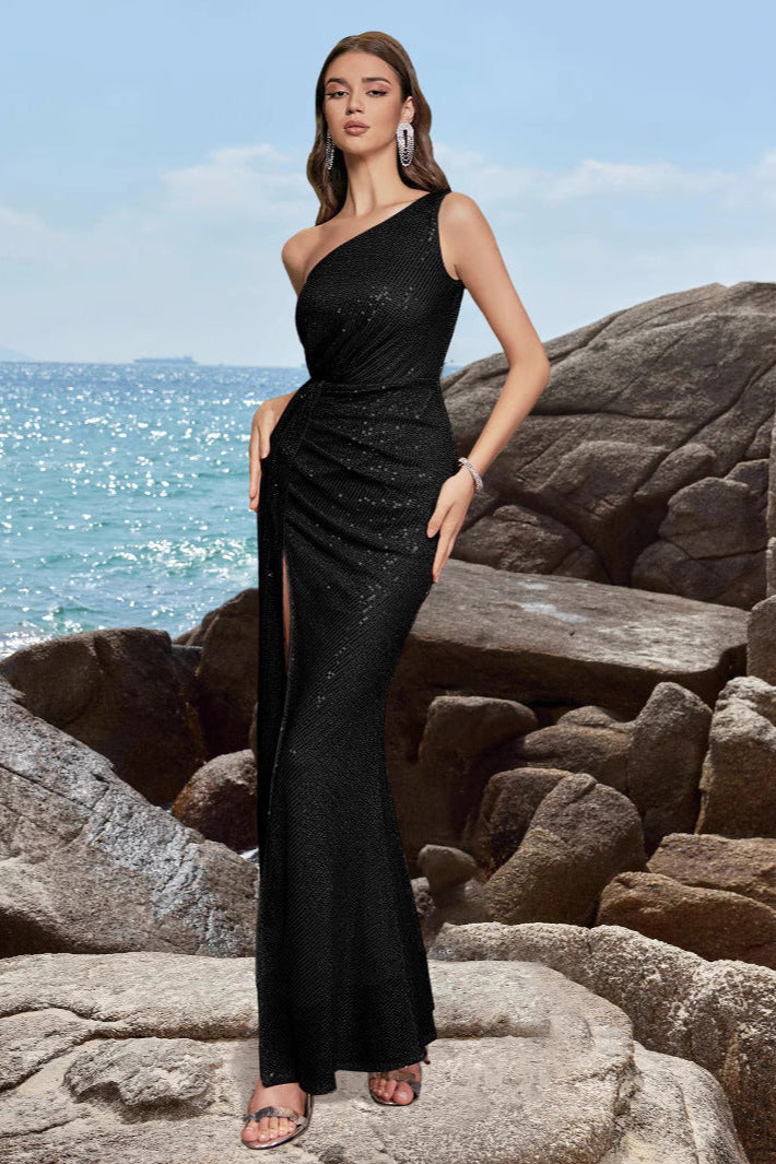 lily Sequined one-shoulder slit maxi dress