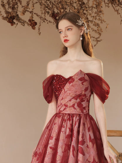 off-sholuder floral print maxi dress in wine-red