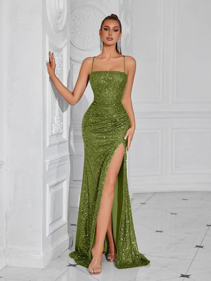 erica sequin pleated slim maxi dress