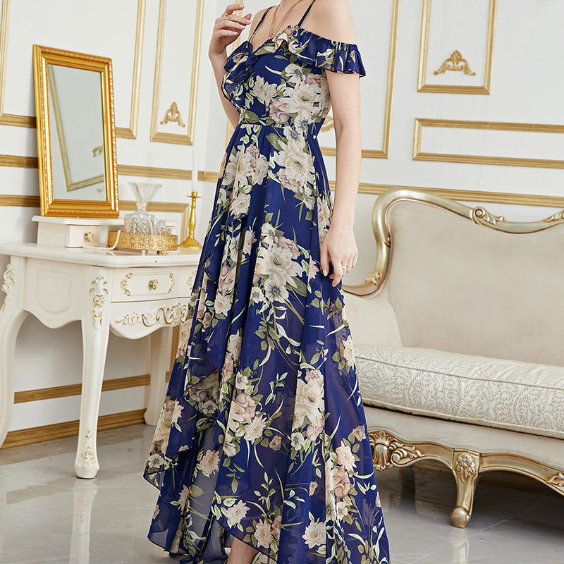 viven floral print ruffle satin maxi dress in blue