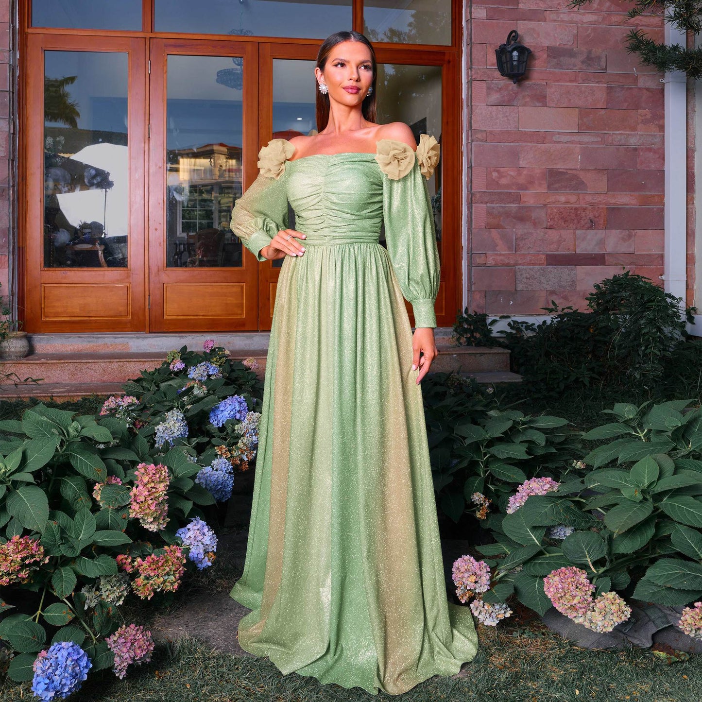 gradient green off-shoulder flower lantern sleeve maxi dress