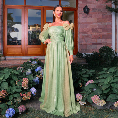 gradient green off-shoulder flower lantern sleeve maxi dress