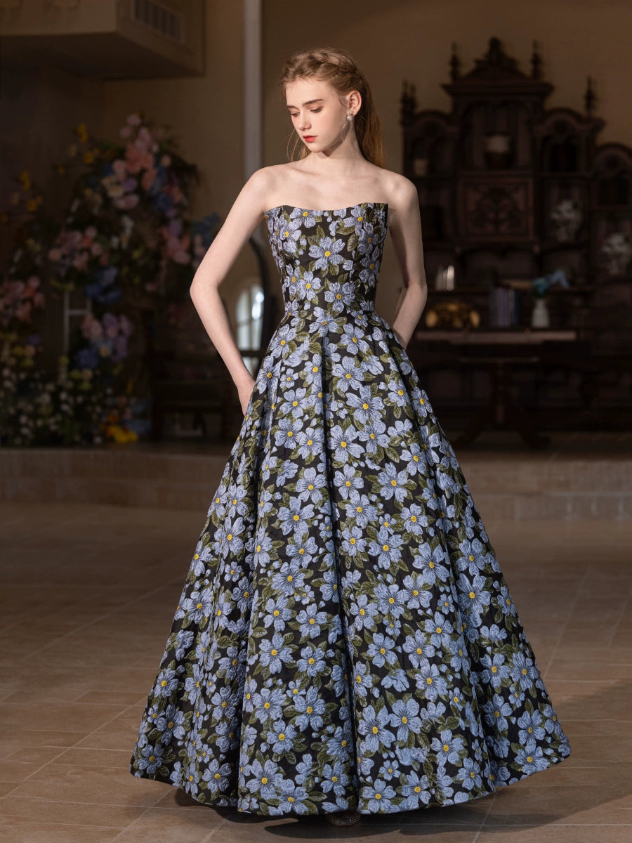 lulu blue-black floral print strapless maxi dress