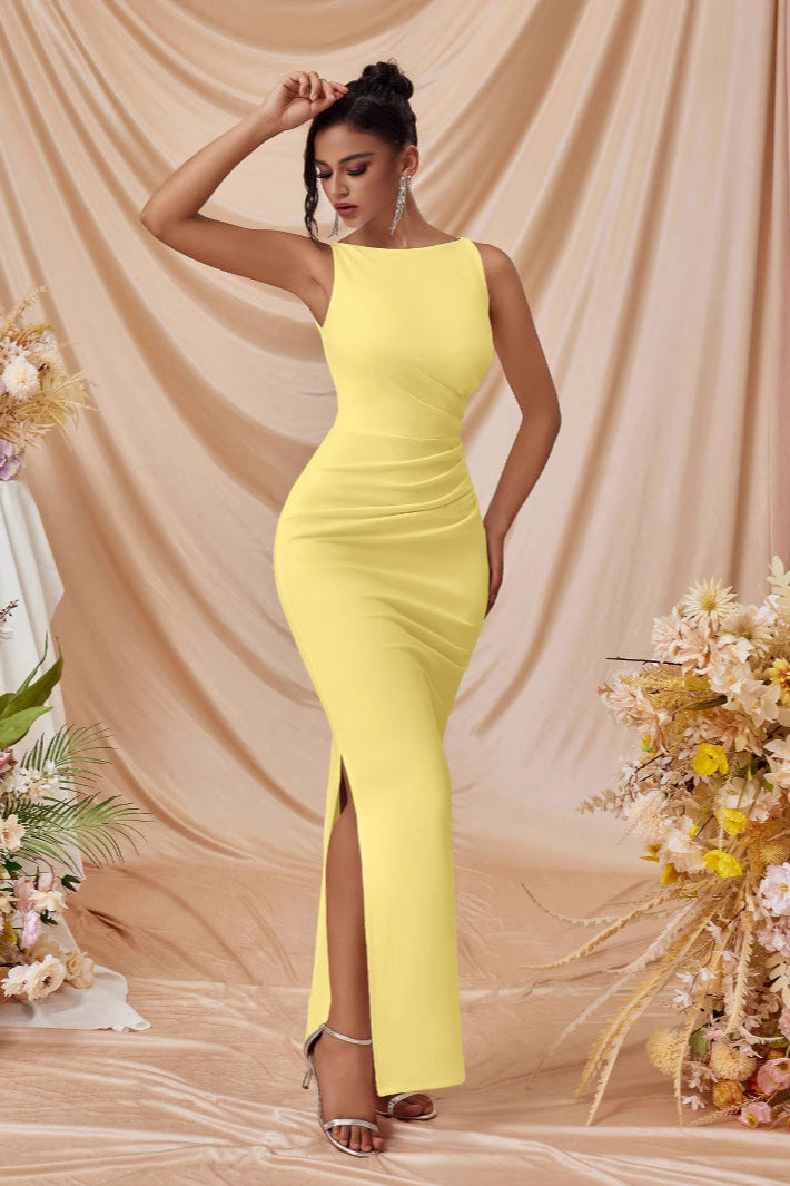 pleated Sleeveless solid color slit slim maxi dress