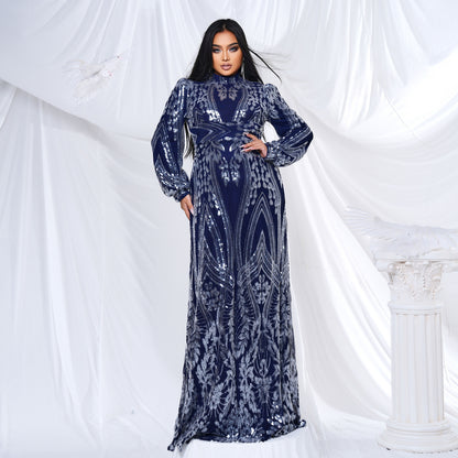 sequin patern long sleeve plus size maxi dress in dark blue