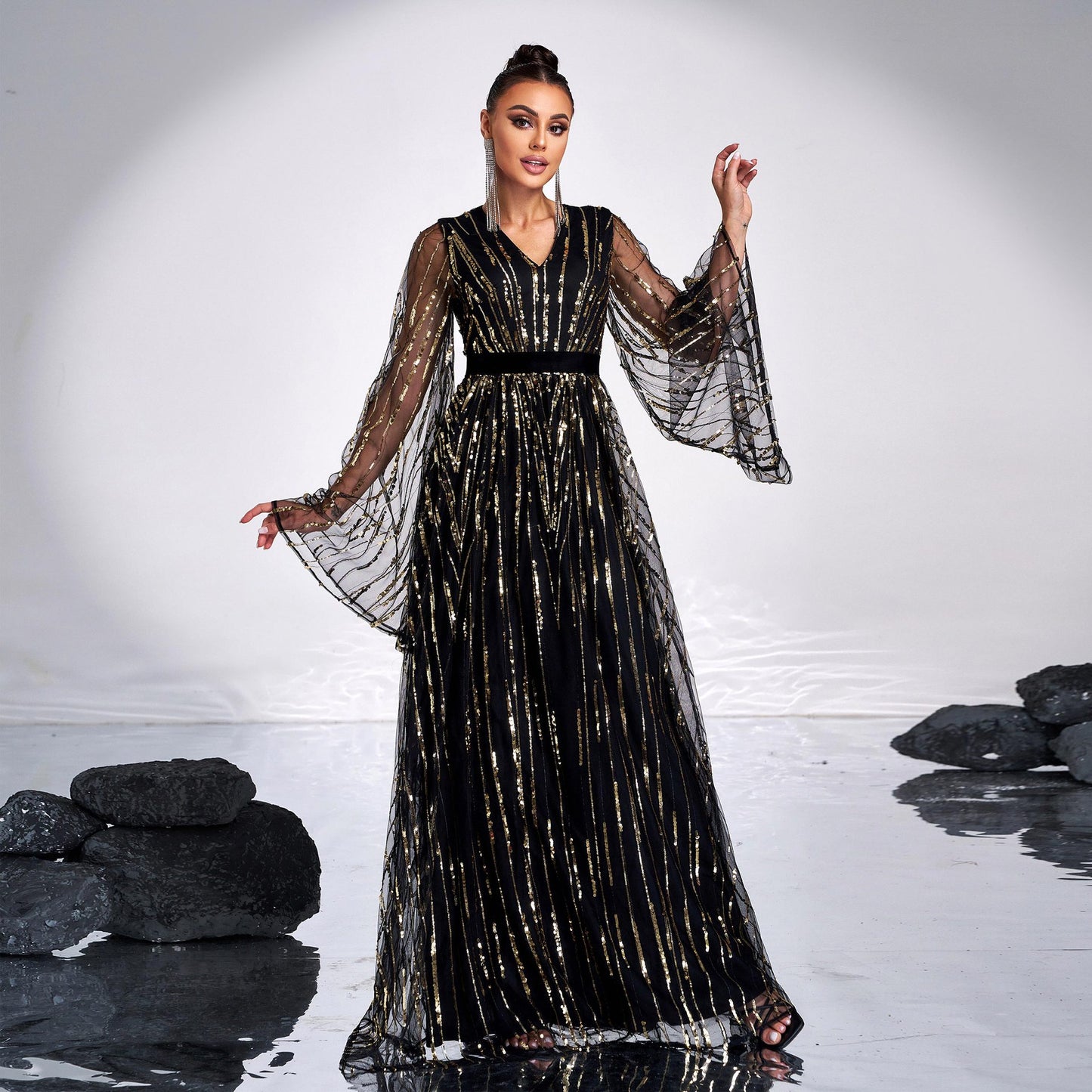 v-neck sequin applique tulle sleeve maxi dress in black