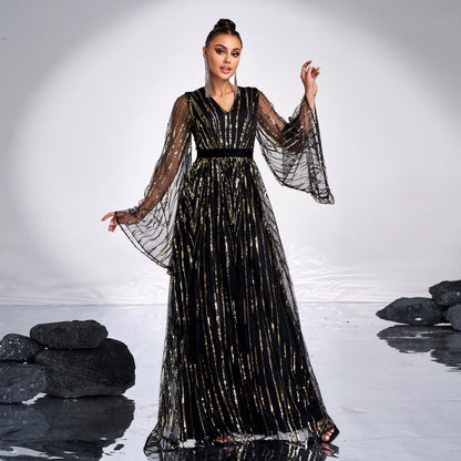 v-neck sequin applique tulle sleeve maxi dress in black