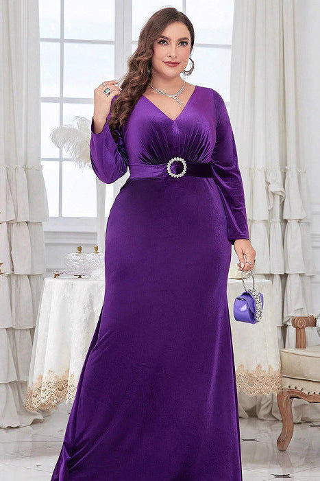 kate v neck long sleeve velvet maxi dress in purple
