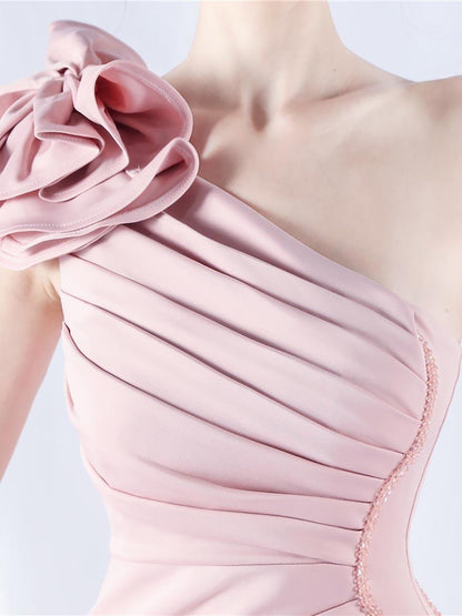 One Shoulder Flower Pleated Draped Prom Dress
