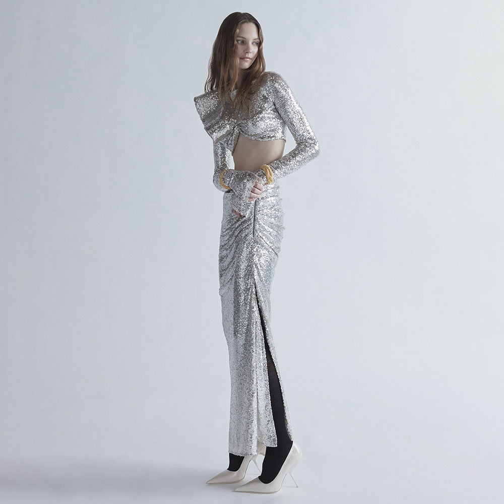 crop top drape skirt set in silver