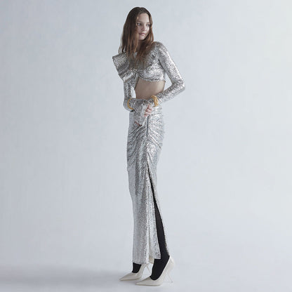 crop top drape skirt set in silver