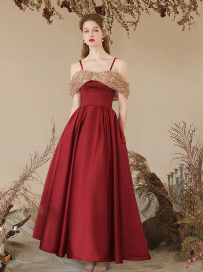 off-shoulder sequin satin maxi dress in claret