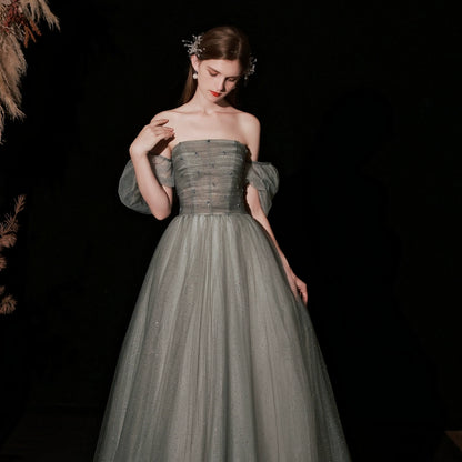 sequin rhinestone embellished puff sleeve strapless maxi dress