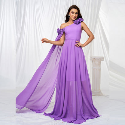 one-shoulder chiffon maxi dress in purple
