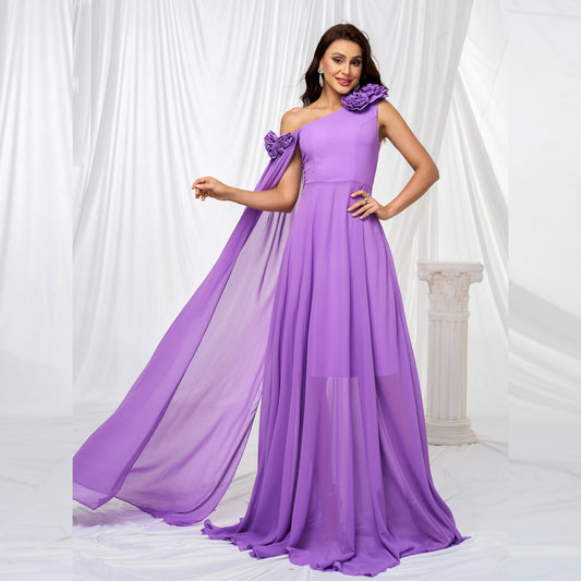 one-shoulder chiffon maxi dress in purple