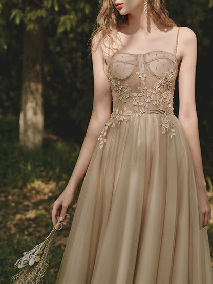 floral applique rhinestone maxi dress in champagne