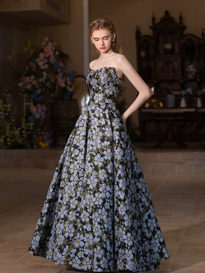 lulu blue-black floral print strapless maxi dress