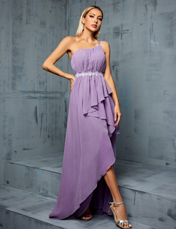 pale purple one shoulder chiffon ruffle trim midi dress