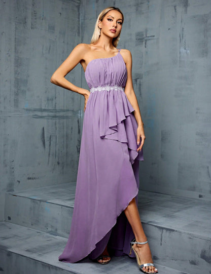 pale purple one shoulder chiffon ruffle trim midi dress