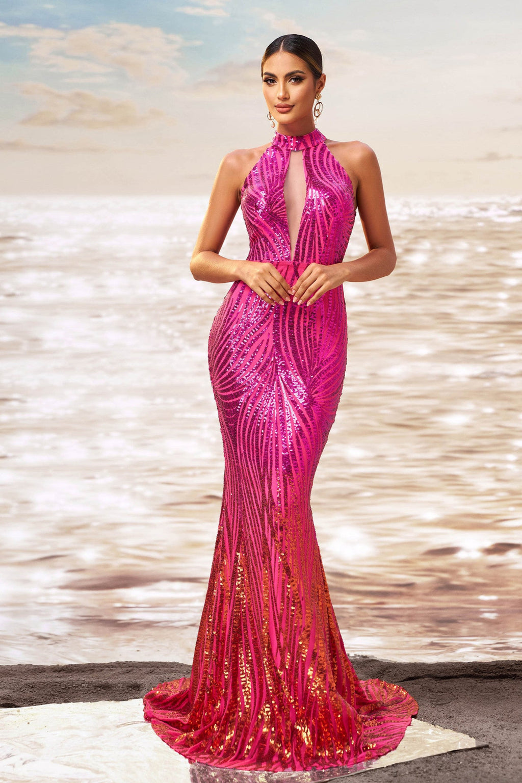 rose red Round neck off-shoulder hip-wrapped sequined fishtail maxi dress