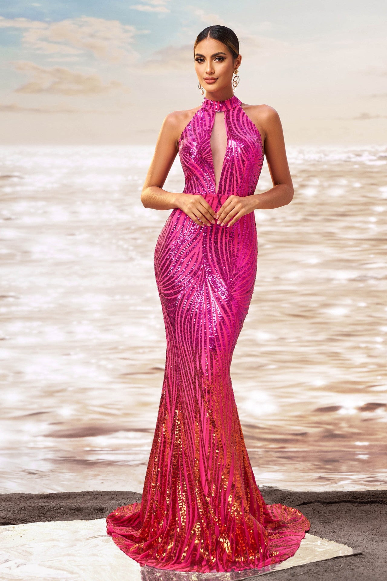 rose red Round neck off-shoulder hip-wrapped sequined fishtail maxi dress