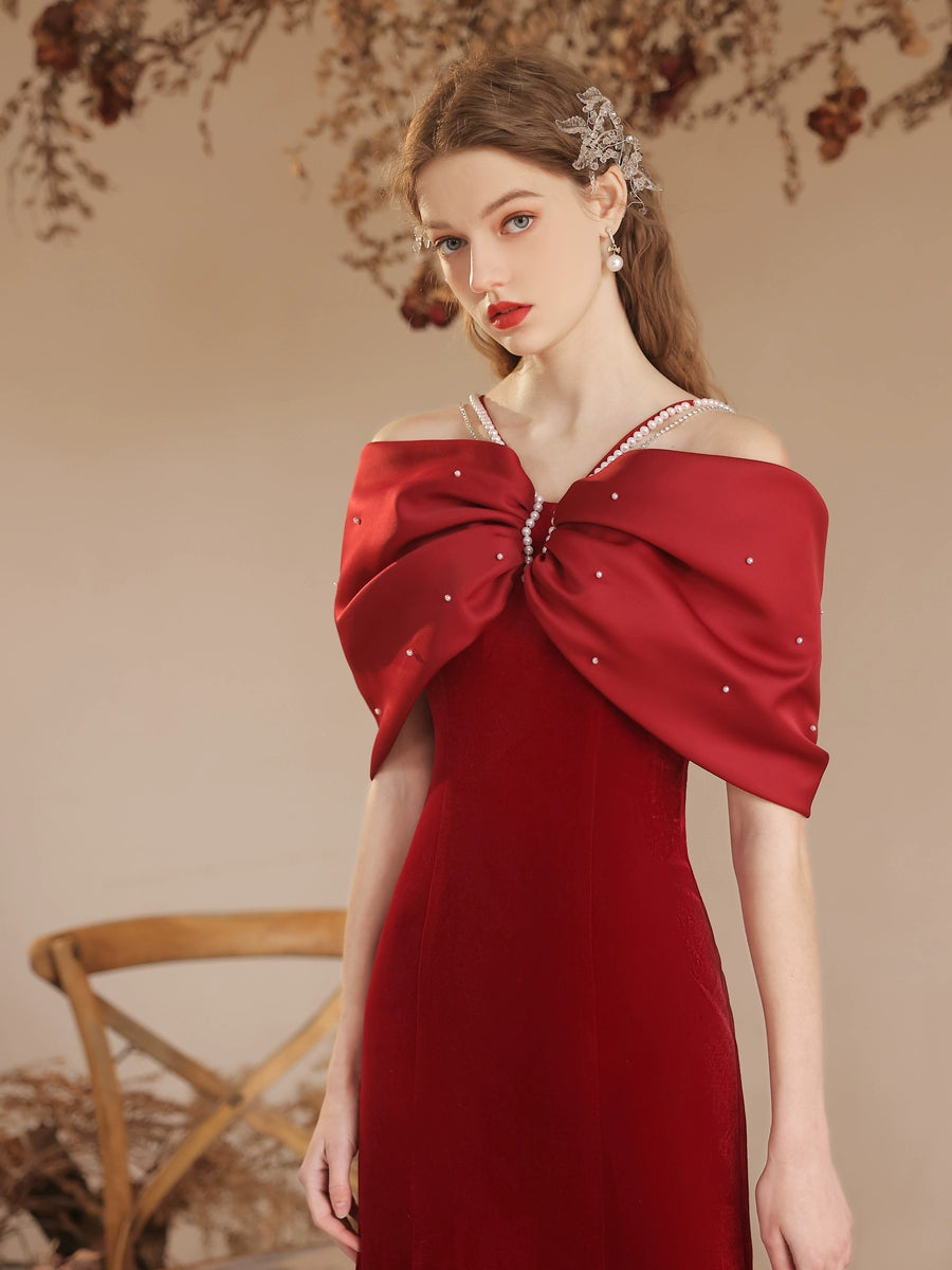 off-shoulder shawl maxi dress in Burgundy
