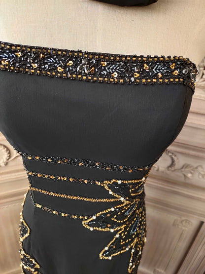 Black hand-beaded chiffon fishtail skirt