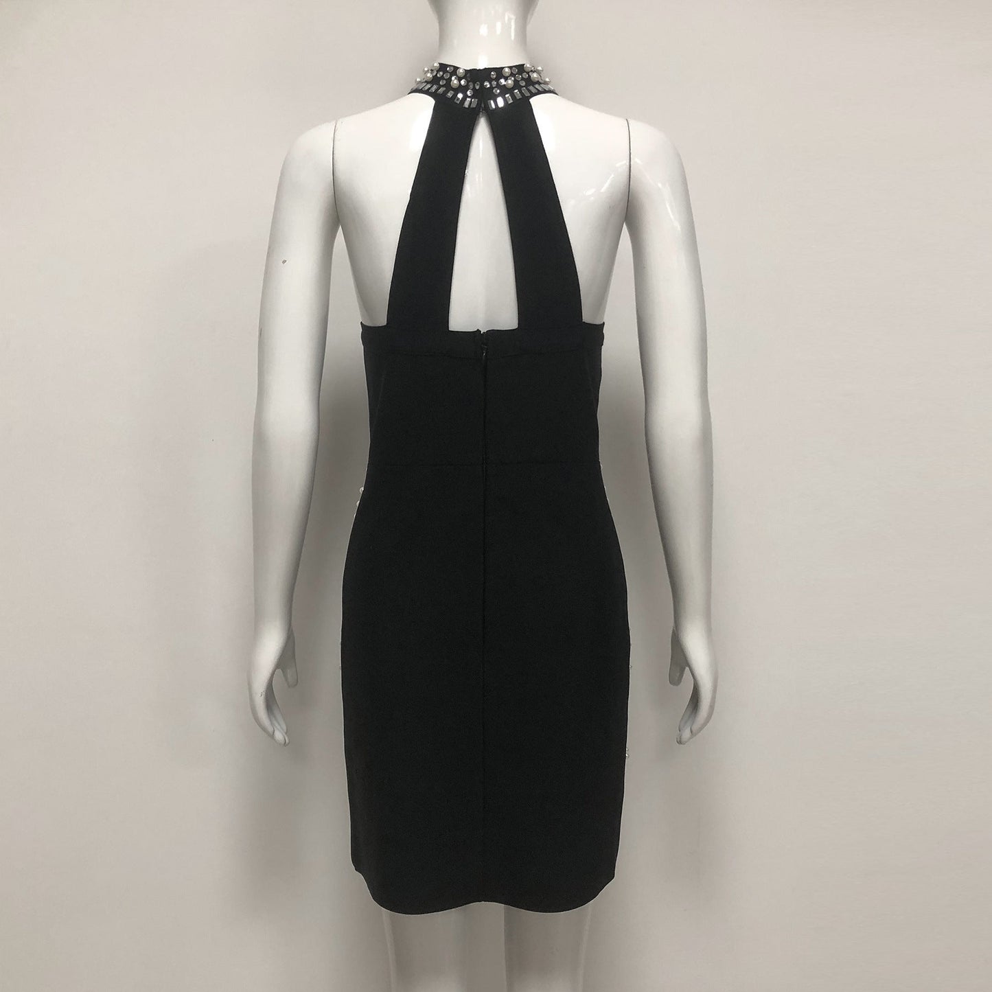 nelly pearl rhinestone halter mini dress in black