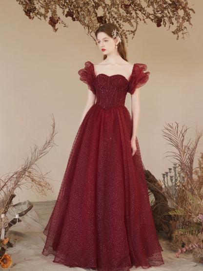 sequin detail polka dots puff sleeve maxi dress in claret
